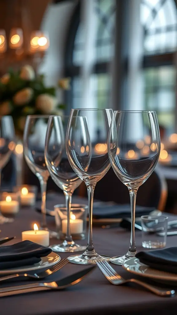 Elegant glassware on a beautifully set table with candles and dark napkins.