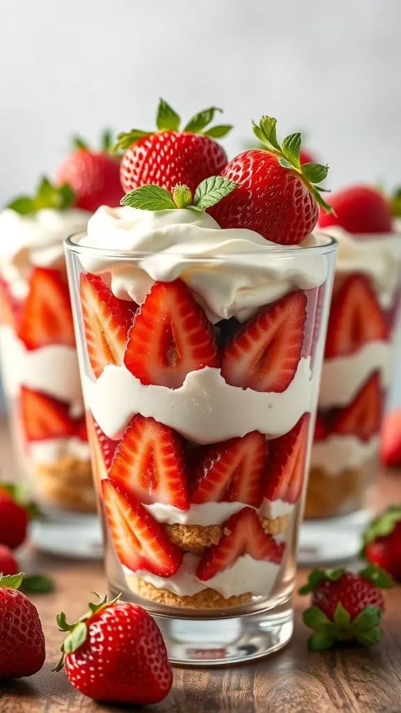 Delicious strawberry shortcake parfaits in clear glasses, layered with strawberries and whipped cream.