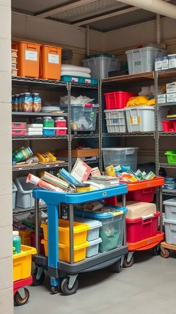 A small storage room with colorful rolling carts filled with various containers.