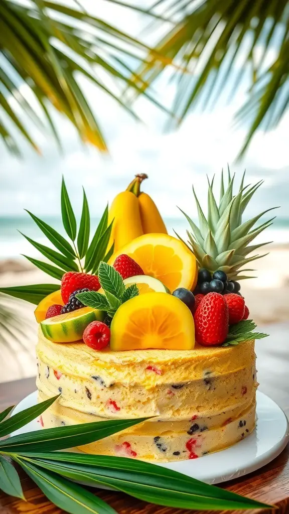 A tropical fruit plant cake topped with bananas, oranges, and berries, set against a beach backdrop.