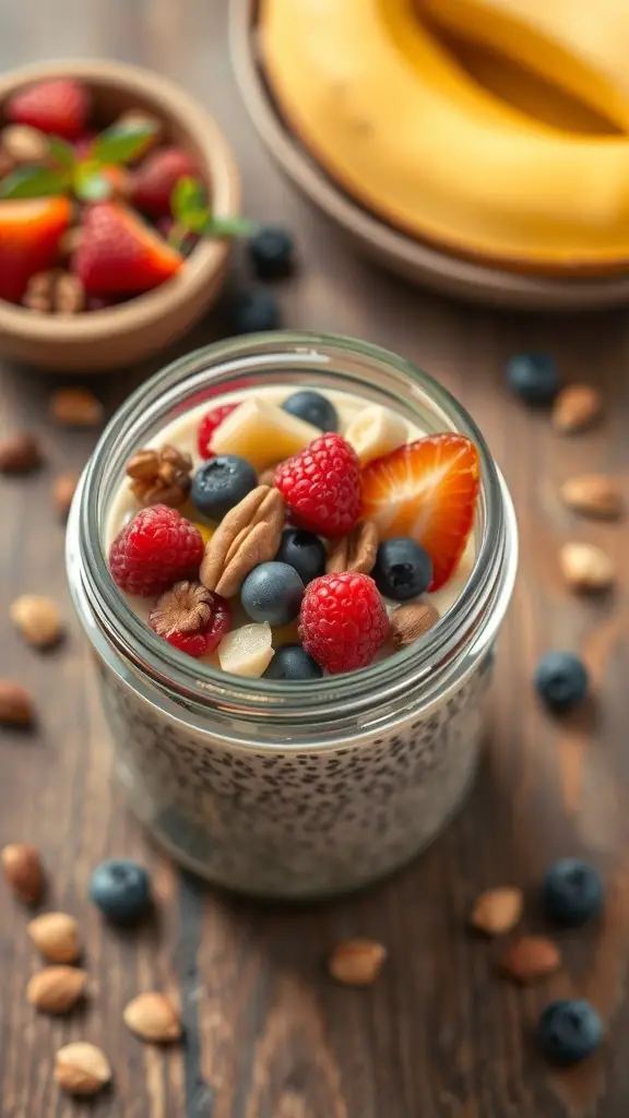 49+ Delicious Spring Breakfast Ideas to Brighten Your Morning 3 A jar of chia seed pudding topped with fresh fruits and nuts on a wooden table.