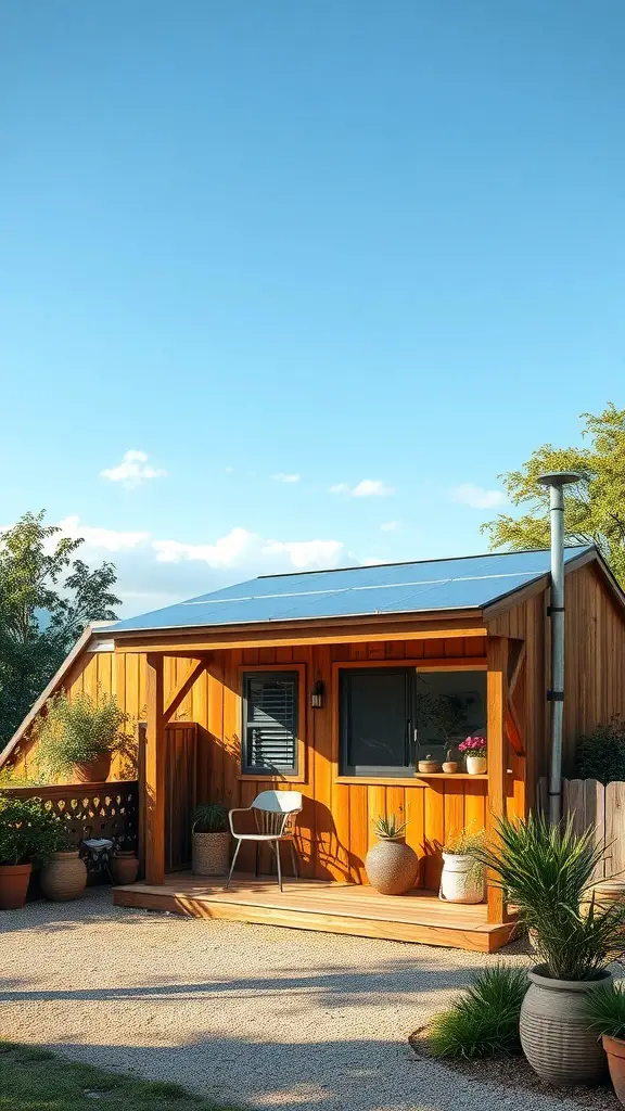 A sustainable shed with solar panels and a wooden exterior surrounded by plants.