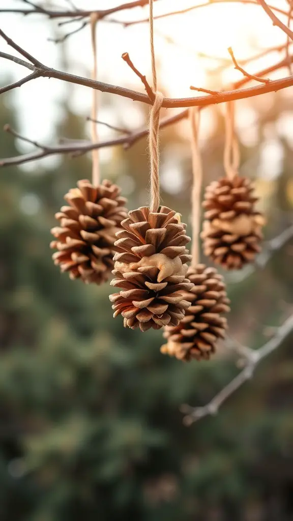 Pine cone bird feeders hanging from a tree branch