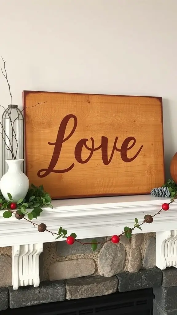 A rustic wooden sign with the word 'Love' displayed on a mantle, surrounded by greenery and decorative accents.