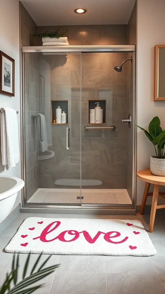29+ Adorable Valentine Bathroom Decor Ideas for a Romantic Touch 16 A charming white shower mat with the word 'love' in pink, surrounded by hearts, placed in a modern bathroom.