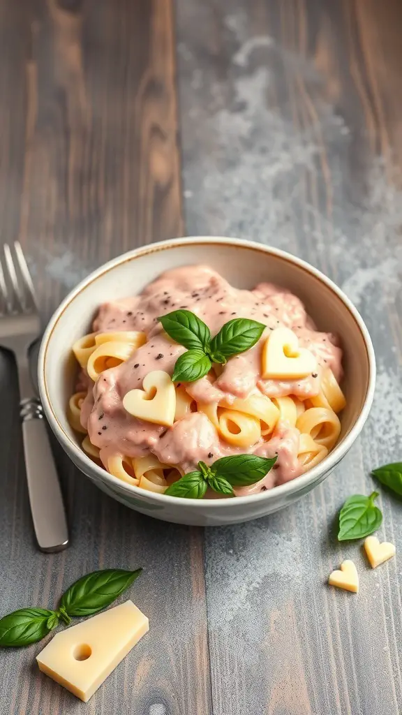 A bowl of pasta with pink sauce, garnished with basil and heart-shaped cheese, on a wooden table.