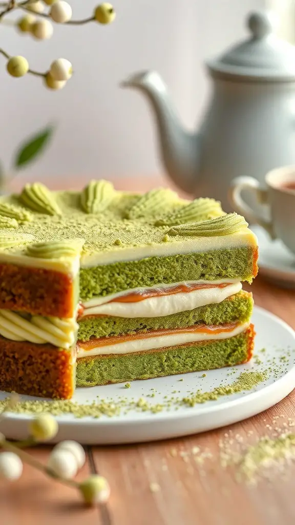 A beautifully layered Matcha Green Tea Cake with green sponge and creamy filling, served on a white plate.