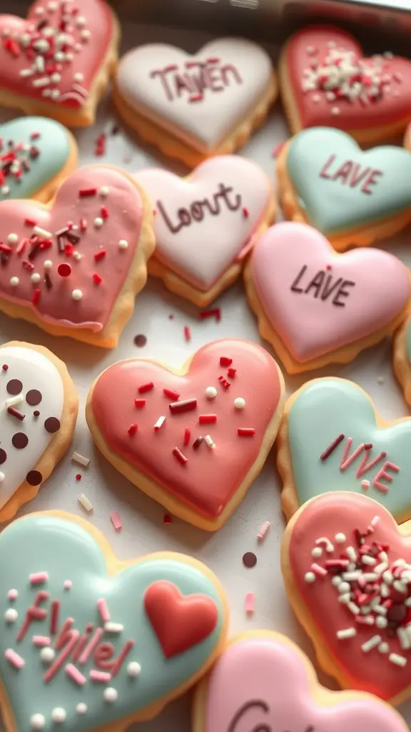 23+ Heart-Shaped Food Ideas 13 A variety of heart-shaped cookies decorated with colorful icing and sprinkles.