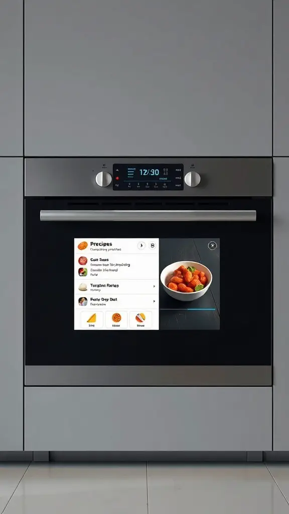 A modern smart oven with a digital display showing recipe options and a bowl of food.