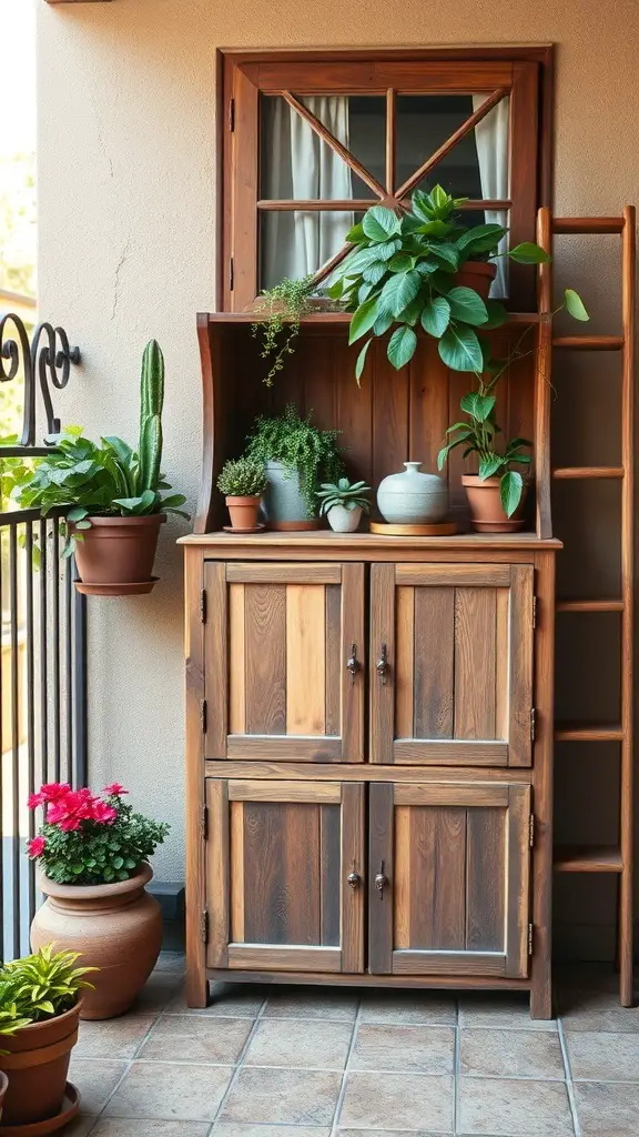 29+ Inspiring Balcony Cabinet Ideas 9 A rustic wooden balcony cabinet with plants and flowers