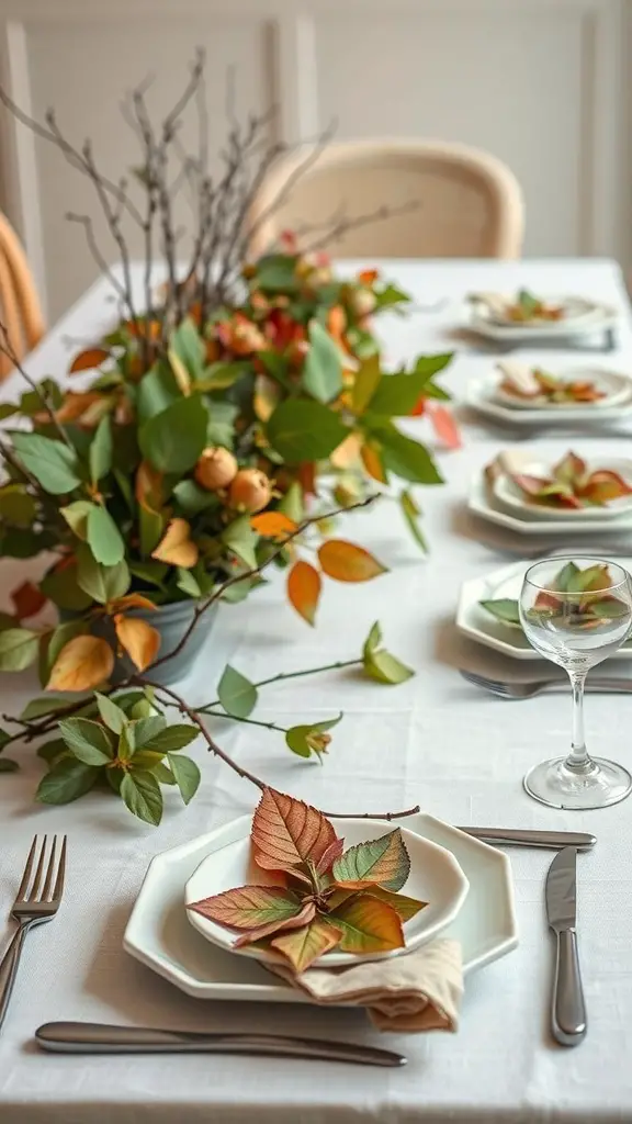 A dining table set with nature-inspired decor, featuring leaves and branches as centerpieces.