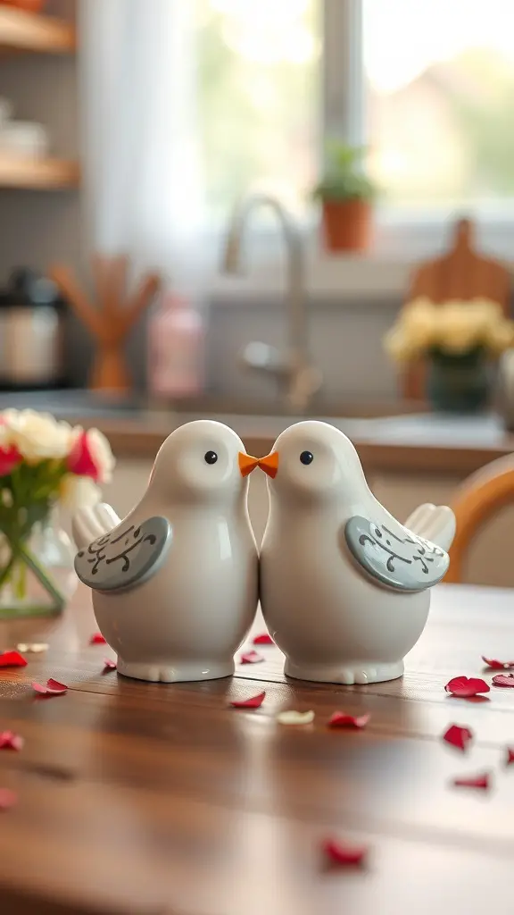 Cute lovebird salt and pepper shakers on a kitchen table