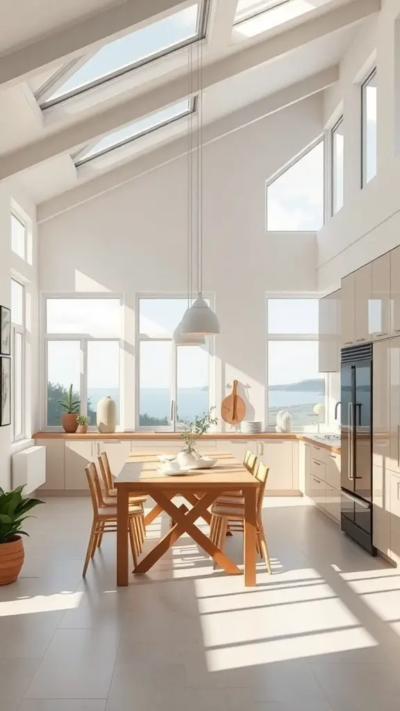 Bright and airy kitchen with large windows and skylights, featuring a wooden dining table and plants.