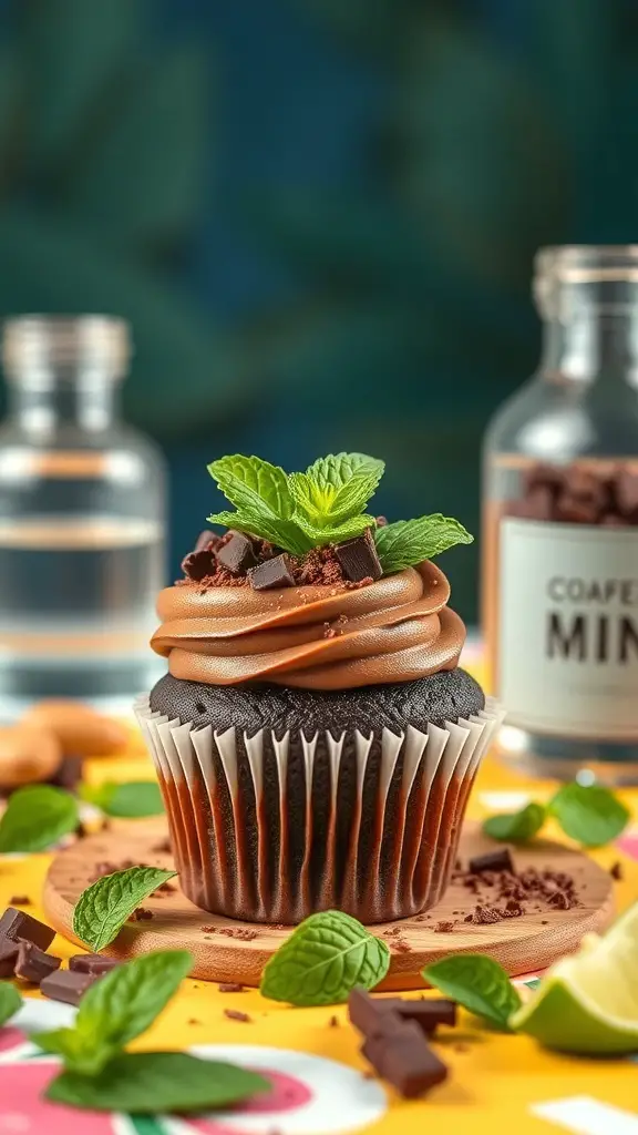 Chocolate Mint Mojito cupcake with mint leaves and chocolate pieces