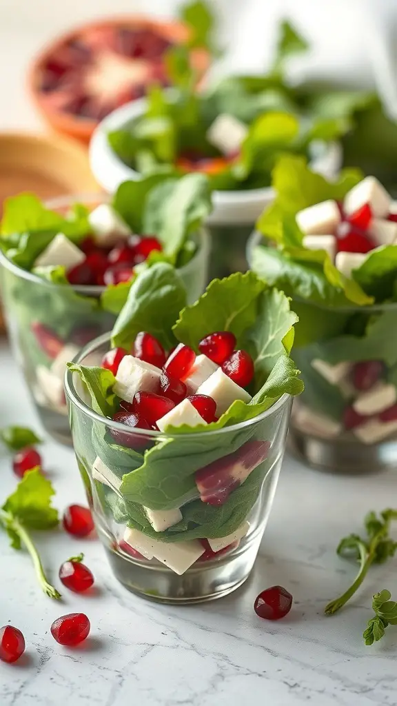 Pomegranate and feta salad cups in clear glasses with greens and pomegranate seeds.