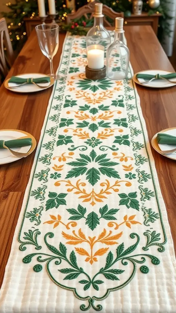 A beautifully designed St. Patrick's Day table runner with green and orange floral patterns on a wooden table, accompanied by plates and glasses.