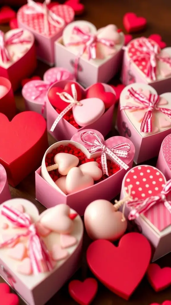Colorful heart-shaped boxes filled with treats, perfect for party favors.
