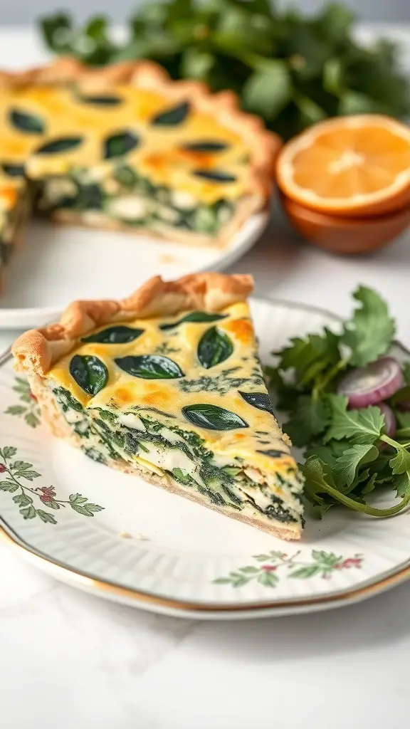 A slice of savory spinach and feta quiche on a decorative plate, with the whole quiche in the background and fresh herbs and citrus fruits on the side.