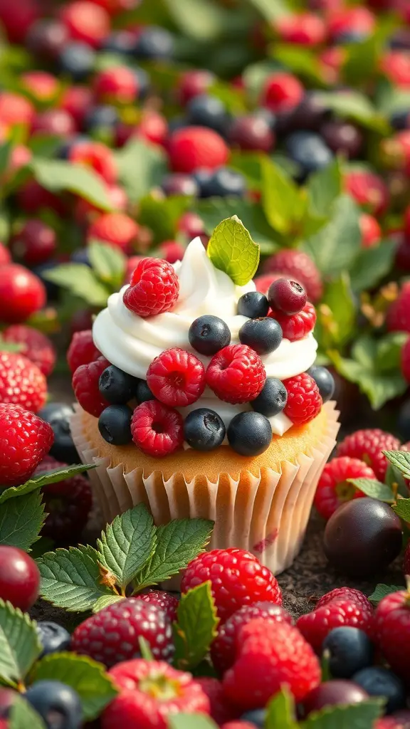 Cupcake topped with fresh berries and cream frosting surrounded by more berries
