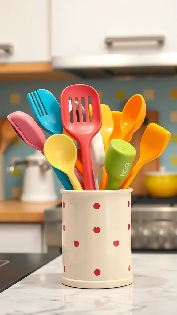 Colorful utensils in a polka dot holder on a kitchen countertop