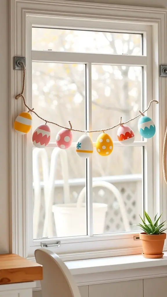 Colorful DIY Easter egg garland hanging in a window