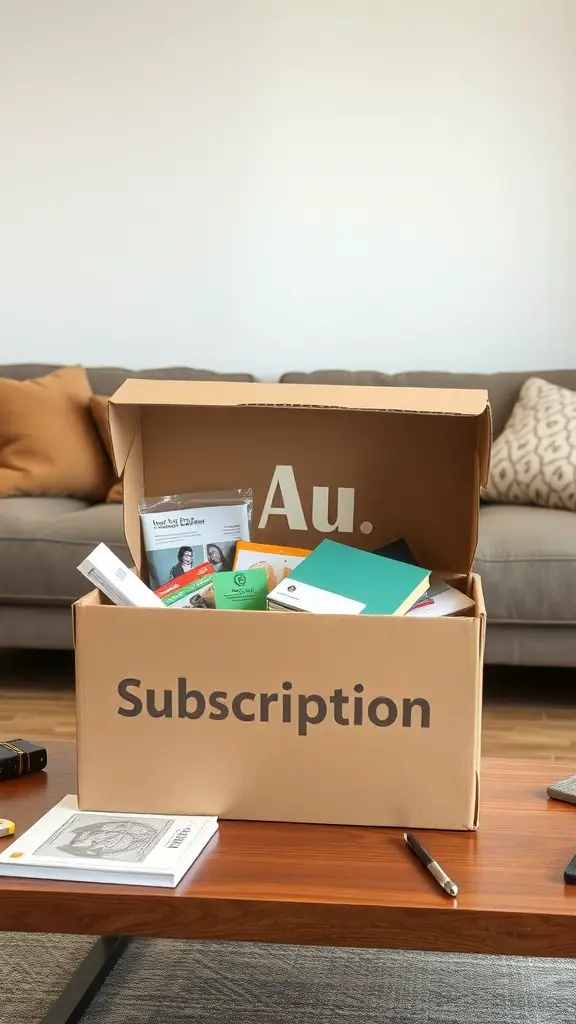 A subscription box filled with various items, sitting on a coffee table.