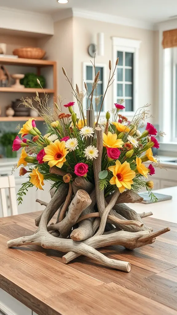 A centerpiece made of driftwood and colorful flowers on a kitchen island.