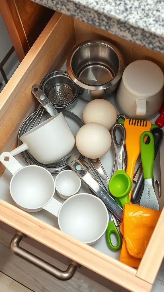Organized kitchen drawer with food prep tools including measuring cups, spoons, and bowls.