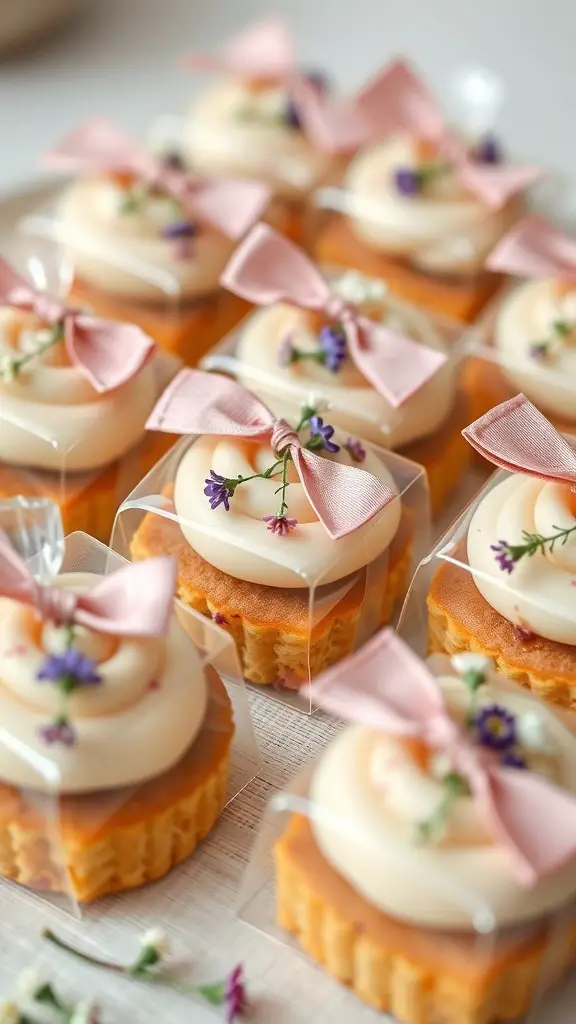 Mini wildflower cakes in clear packaging with pink ribbons and floral decorations
