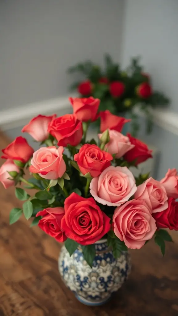 23+ Stunning Valentine's Day Centerpiece Ideas for a Romantic Atmosphere 6 A bouquet of red and pink roses in a decorative vase on a wooden table.