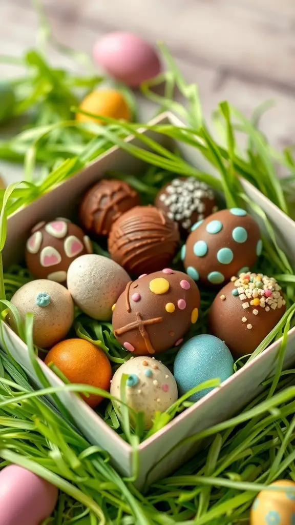 45+ Delightful Easter Desserts You Must Try This Year 13 A box filled with colorful chocolate egg truffles on green grass.