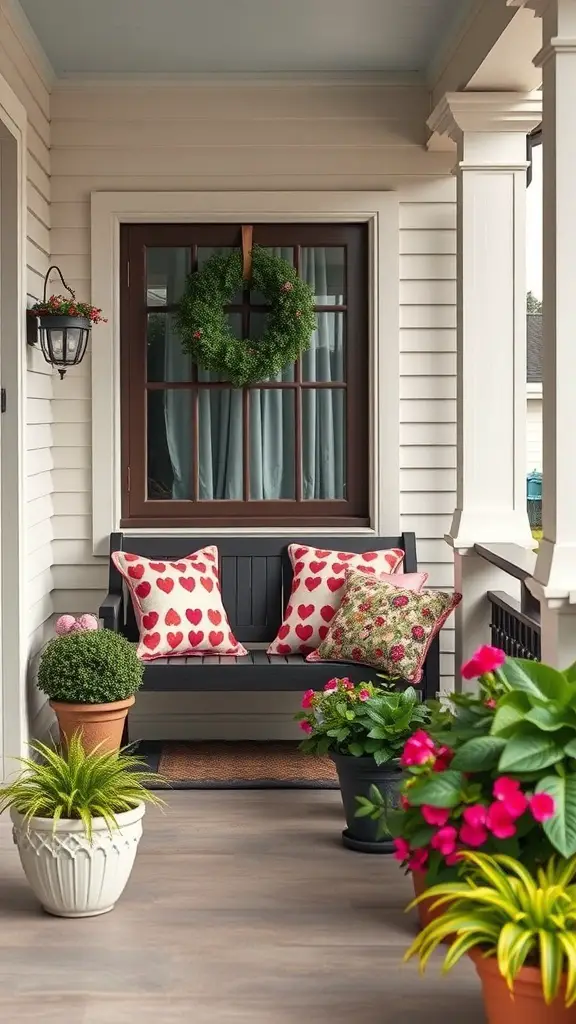 Cozy front porch with a black bench and heart-patterned cushions, surrounded by potted plants and a wreath on the door.