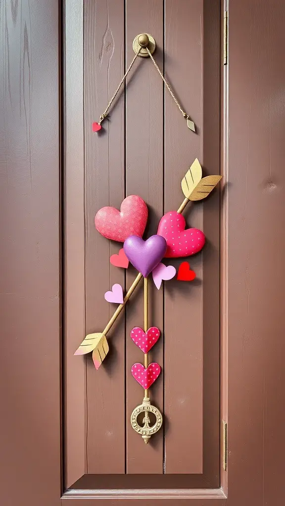 A colorful Cupid's arrow door hanger with hearts, perfect for Valentine's Day decor.