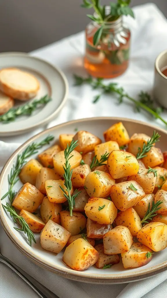 A plate of rosemary and garlic roasted potatoes garnished with fresh herbs