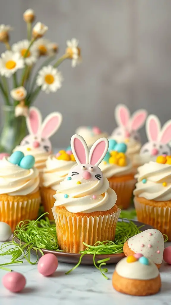 Easter-themed dessert display with bunny cupcakes and colorful candies