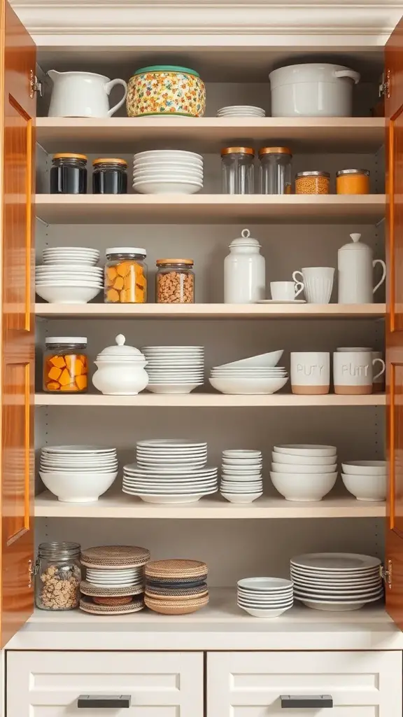 Organized kitchen cupboard with shelves displaying dishes and jars.