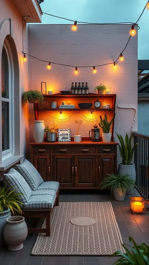 29+ Inspiring Balcony Cabinet Ideas 8 A cozy balcony featuring a wooden cabinet with warm lighting, comfortable seating, and plants.