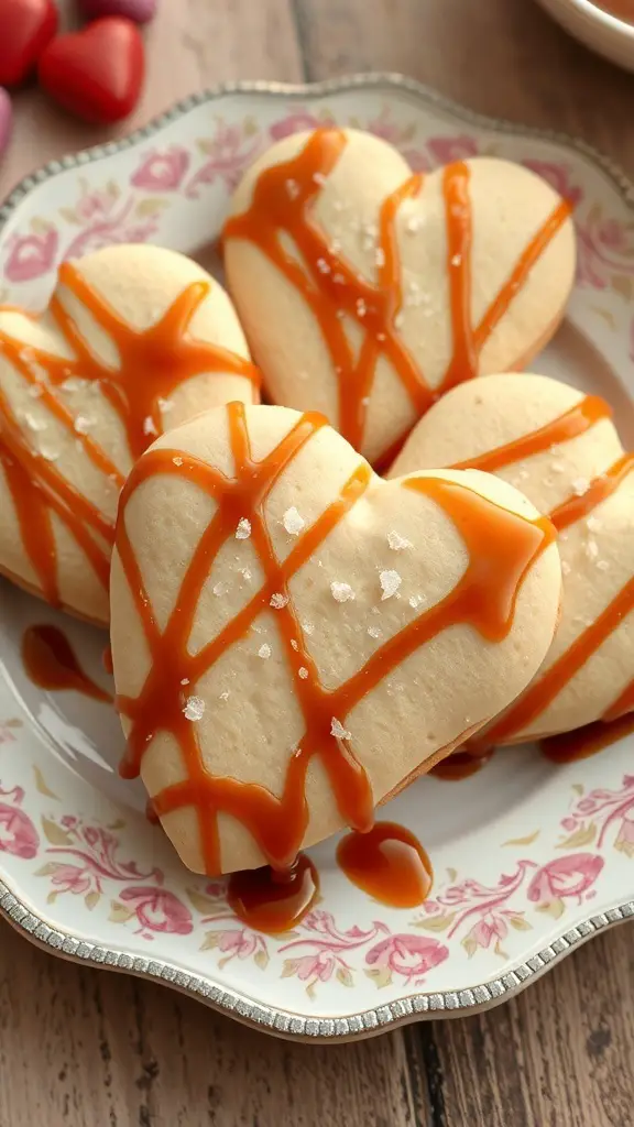 Heart-shaped cookies drizzled with caramel and sprinkled with sea salt on a decorative plate.