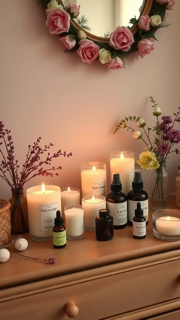 A cozy arrangement of scented candles and essential oils on a dresser, with soft lighting and decorative flowers.