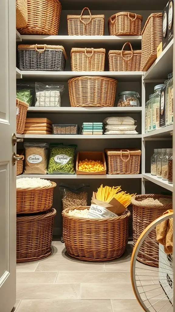 A well-organized pantry with various baskets holding bulk items like pasta, snacks, and spices.