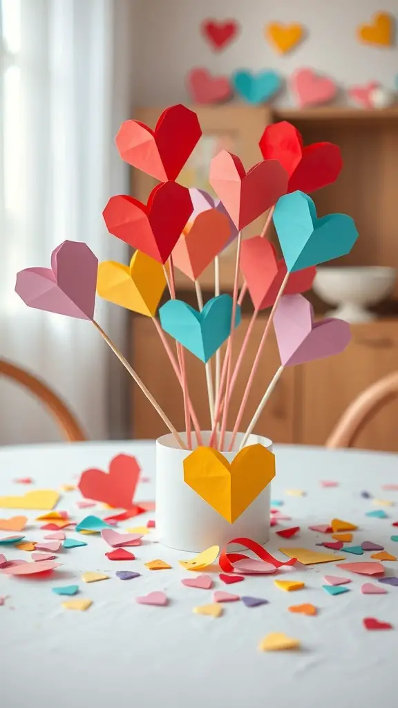 23+ Stunning Valentine's Day Centerpiece Ideas for a Romantic Atmosphere 12 Colorful paper hearts in a vase with scattered heart cutouts on the table
