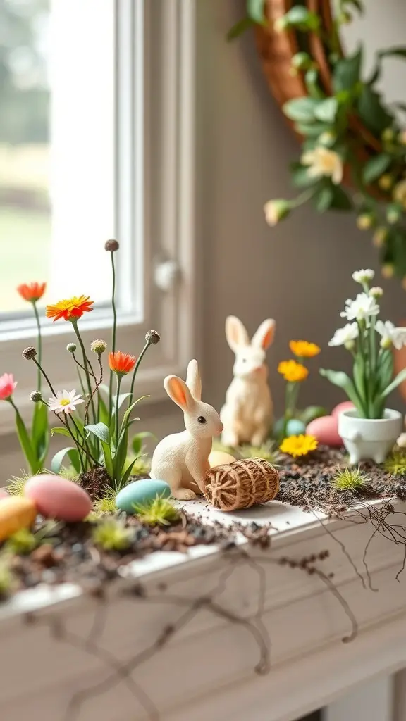 A colorful miniature garden scene with bunnies, flowers, and Easter eggs on a mantle.