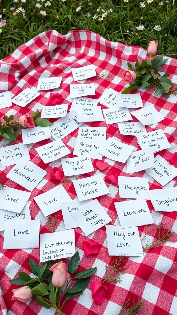 A collection of handwritten love notes on a checkered blanket with pink roses and rose petals.