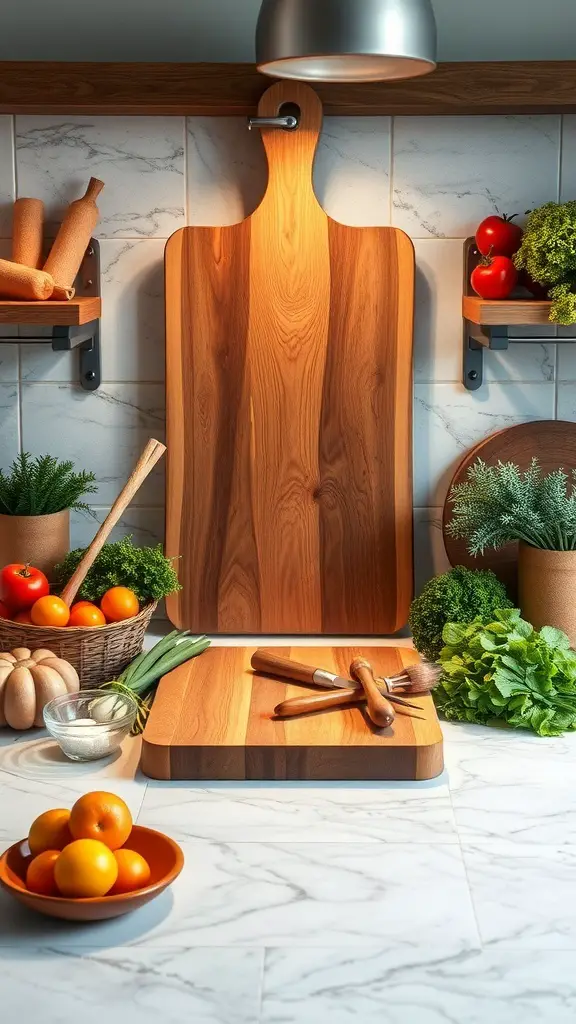 29+ Stunning Kitchen Countertop Decor Ideas 16 A wooden cutting board centerpiece surrounded by fresh vegetables and herbs in a kitchen setting.