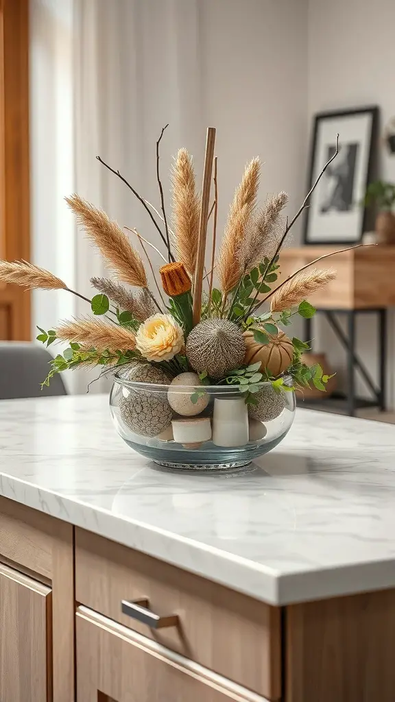 29+ Stunning Countertop Decor Ideas to Elevate Your Space 16 A stylish centerpiece featuring dried flowers and decorative balls in a glass bowl on a marble countertop.