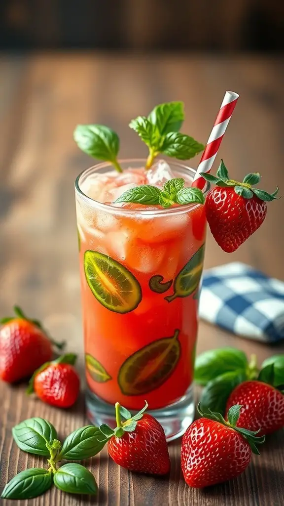 A refreshing Strawberry Basil Smash cocktail garnished with strawberries and basil leaves, served in a tall glass.