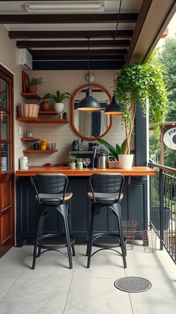 A stylish café-style balcony bar with wooden countertop, black stools, and plants.