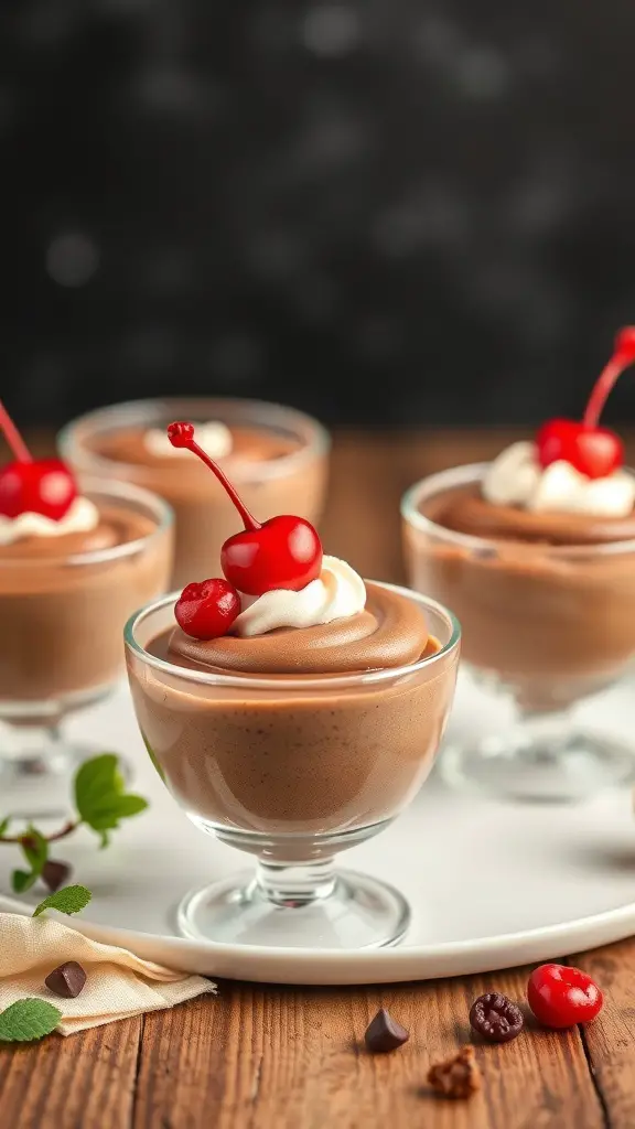 Chocolate mousse cups topped with cherries and whipped cream