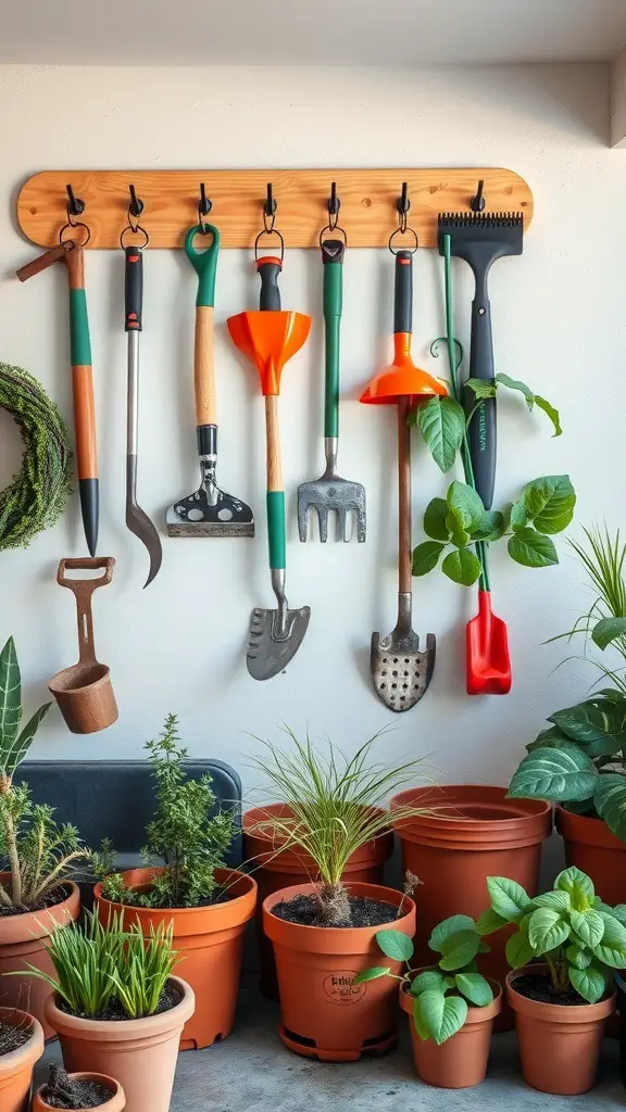 A wooden rack with garden tools hanging on it, surrounded by potted plants.