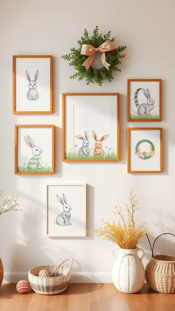 Easter-themed wall art featuring bunny illustrations and a decorative wreath